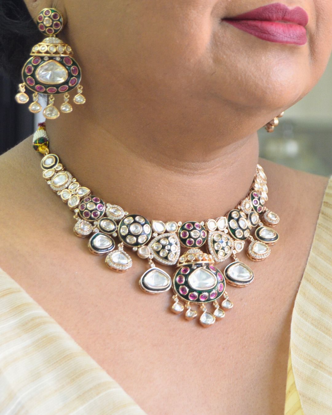 Kundan necklace, cubic zirconia, meenakari, party necklace, traditional design necklace, american diamond | andaazs