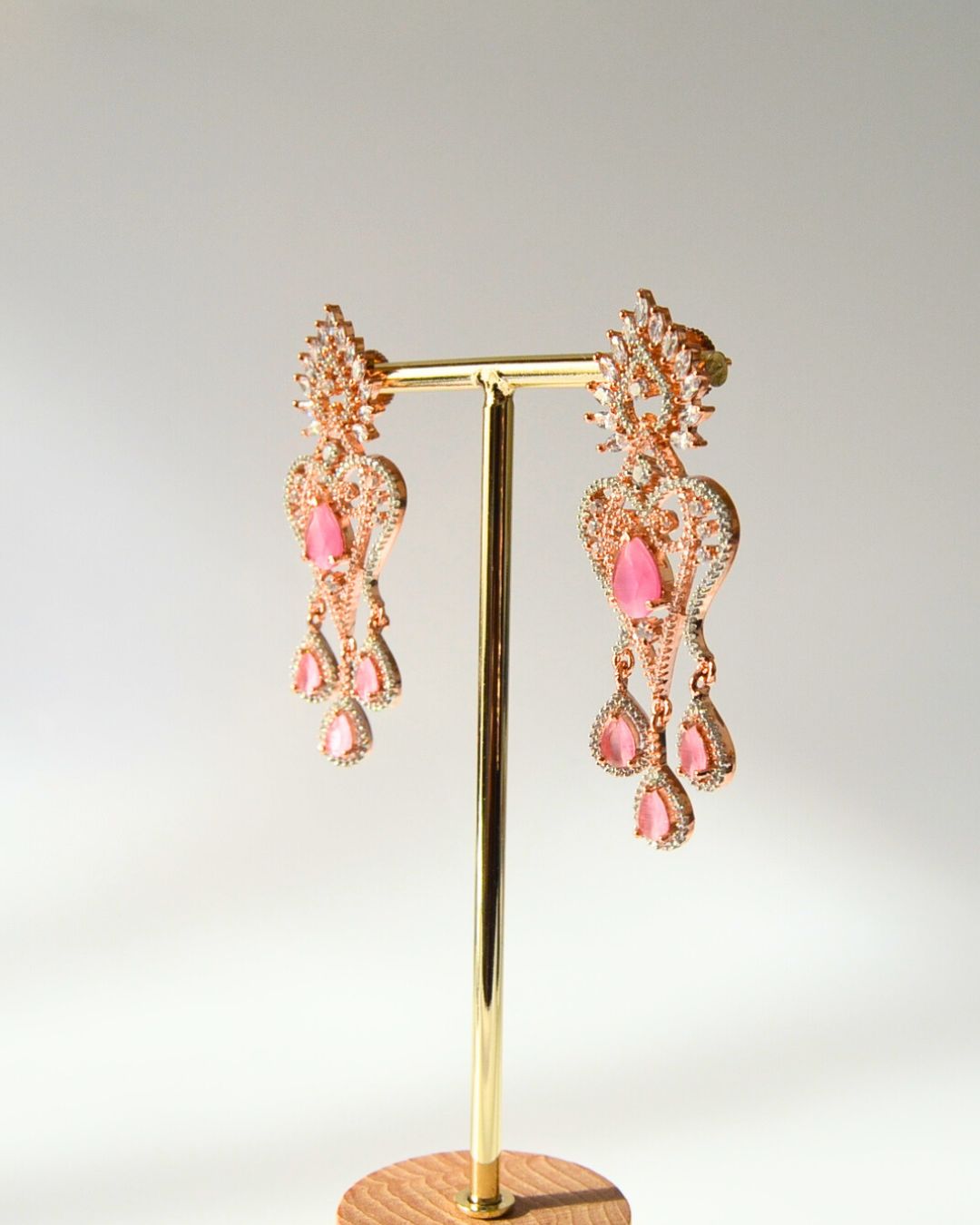Rose gold pink cubic zirconia chandelier earrings | andaazs