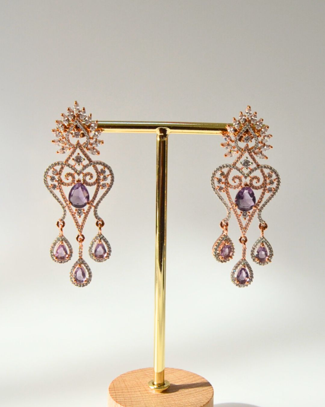 Rose Gold purple cubic zirconia chandelier earrings | andaazs