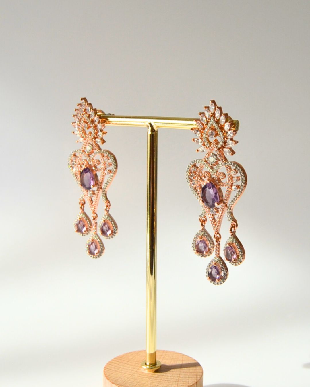 Rose Gold purple cubic zirconia chandelier earrings | andaazs