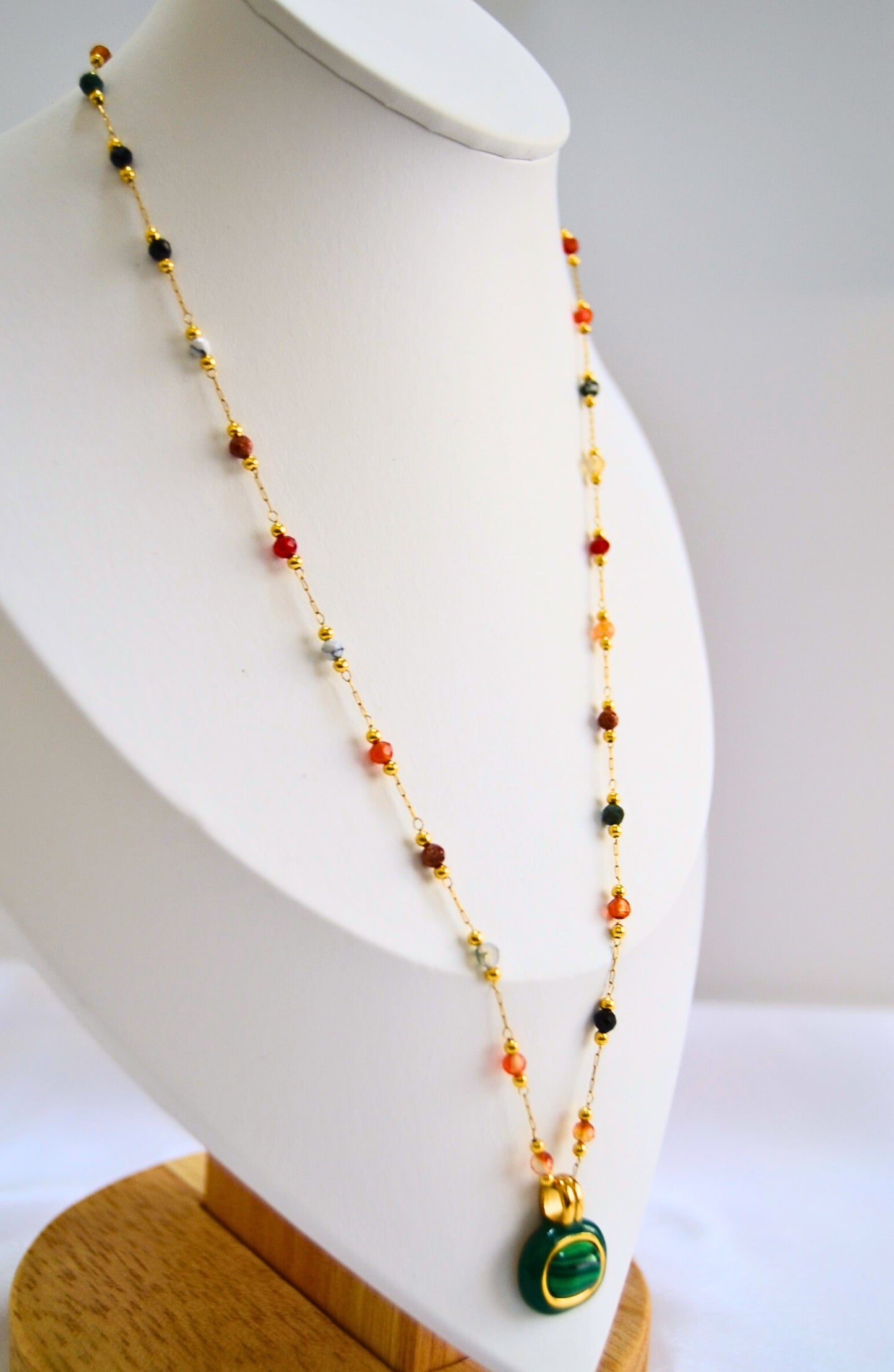 multicolor beaded necklace, pendant necklace, multi-colored beaded necklace, green pendant