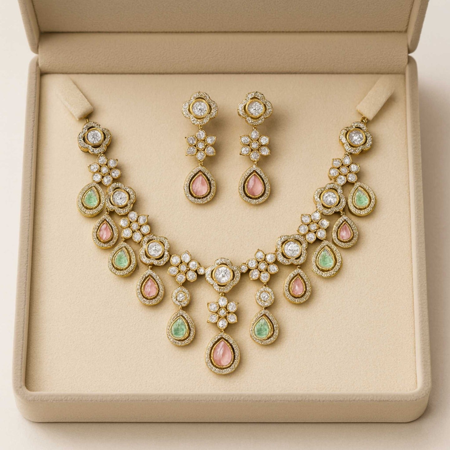 Kavya Kundan Zircona Necklace Set MintPink