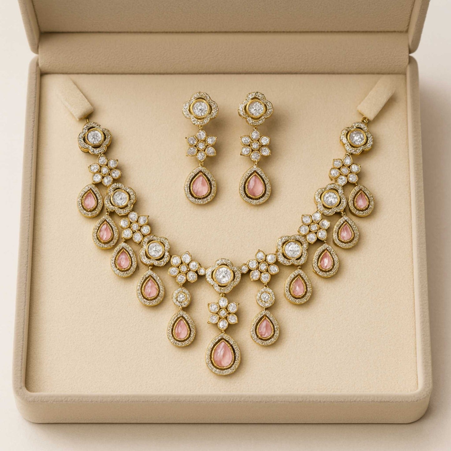 Kavya Kundan Zircona Necklace Set Pink