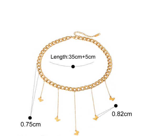 Gold chain necklace with measurement details on a white background