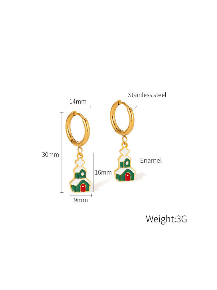Gold hoop earrings with green house charms and measurements on a white background