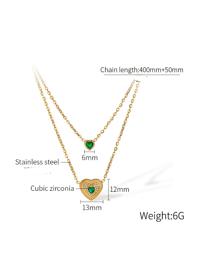 Forever Yours Gold Plated Layered Necklace with Green Heart Pendant