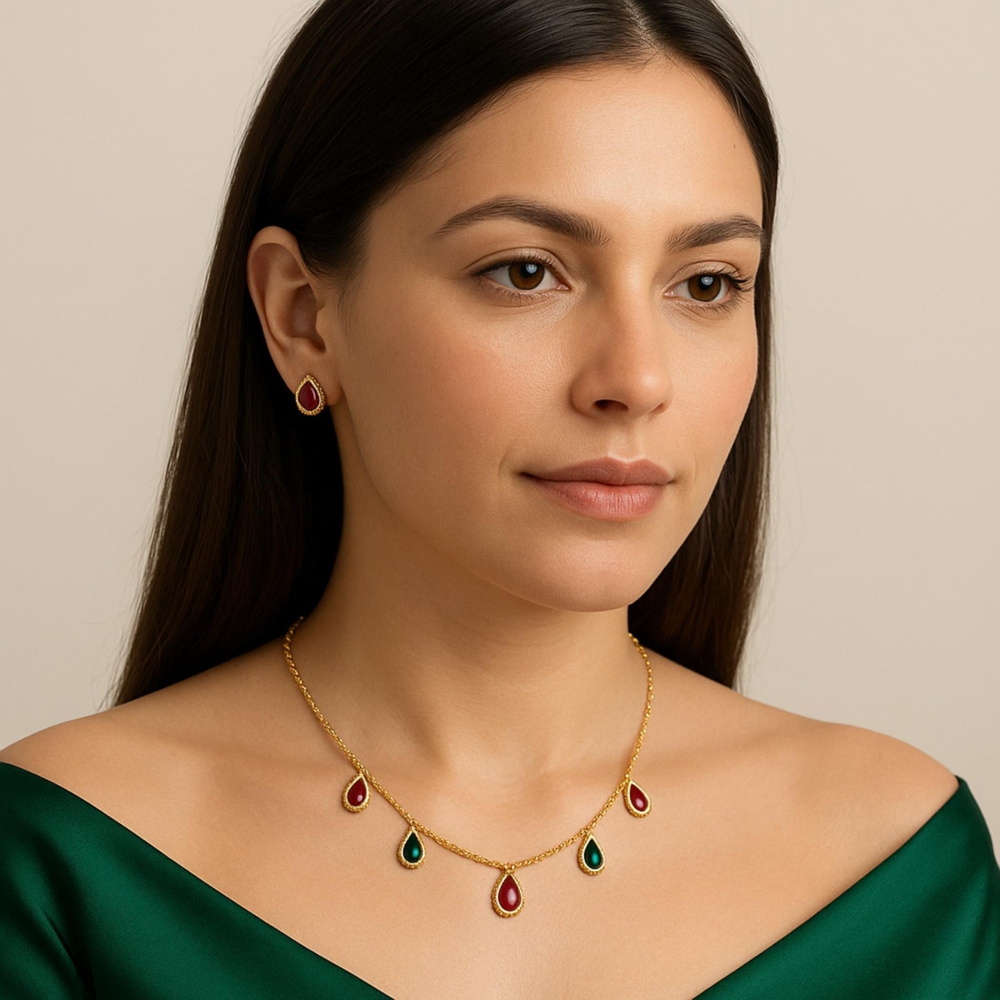 Ruhani Kundan Necklace Set (available in red-green & green-white)