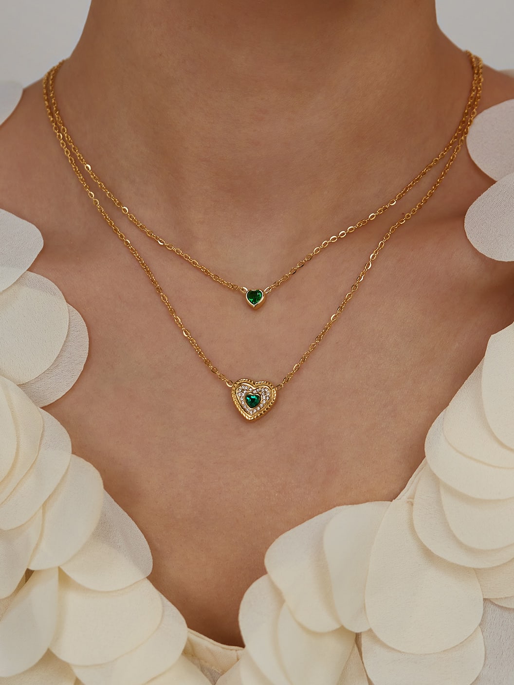 Forever Yours Gold Plated Layered Necklace with Green Heart Pendant
