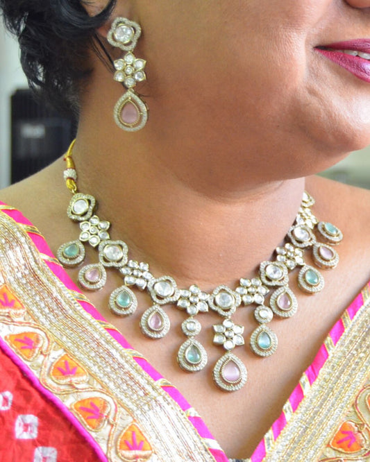 Kavya Kundan Zircona Necklace Set MintPink