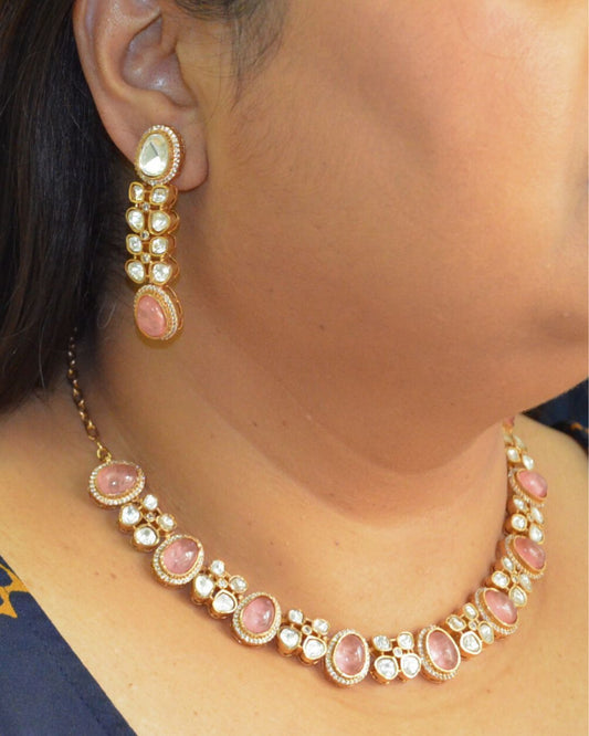 Gulnar Kundan Zirconia Necklace Set Pink