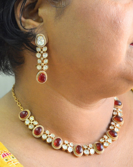 Gulnar Kundan Zirconia Necklace Set Red