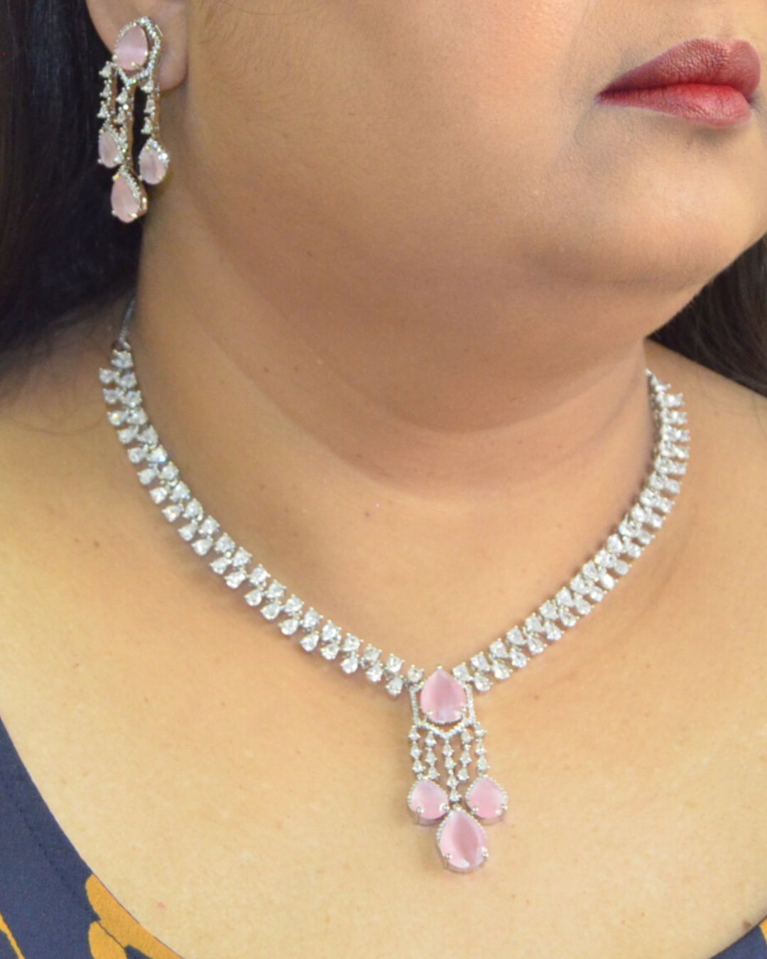 Camelia Zirconia Necklace set Pink