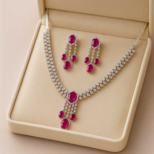 Camelia Zirconia Necklace set Magenta