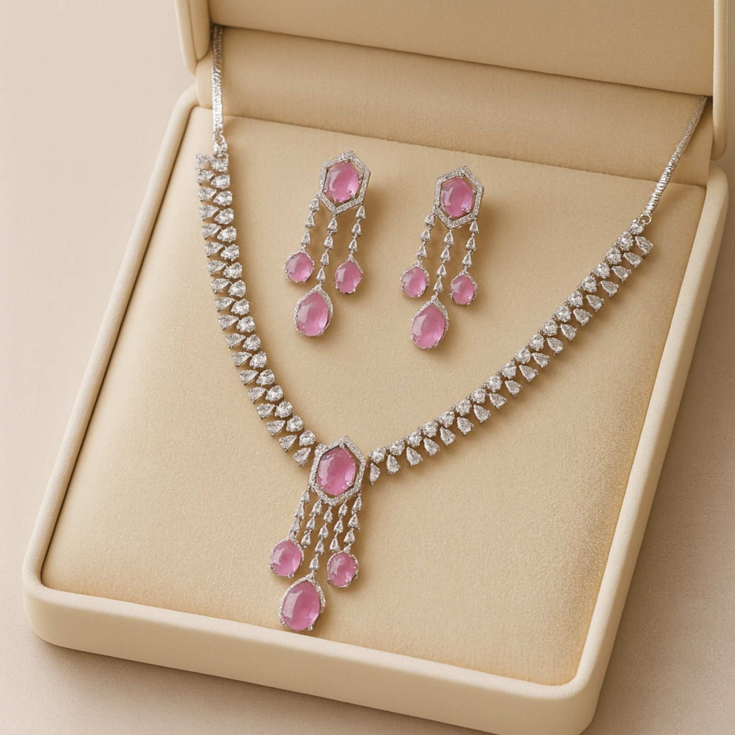 Camelia Zirconia Necklace set Pink
