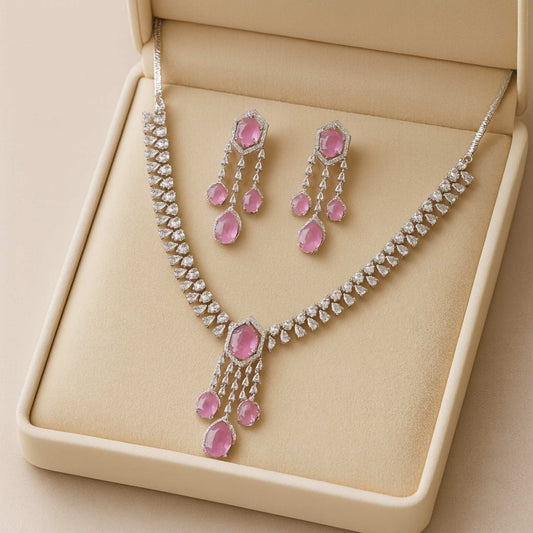 Camelia Zirconia Necklace set Pink