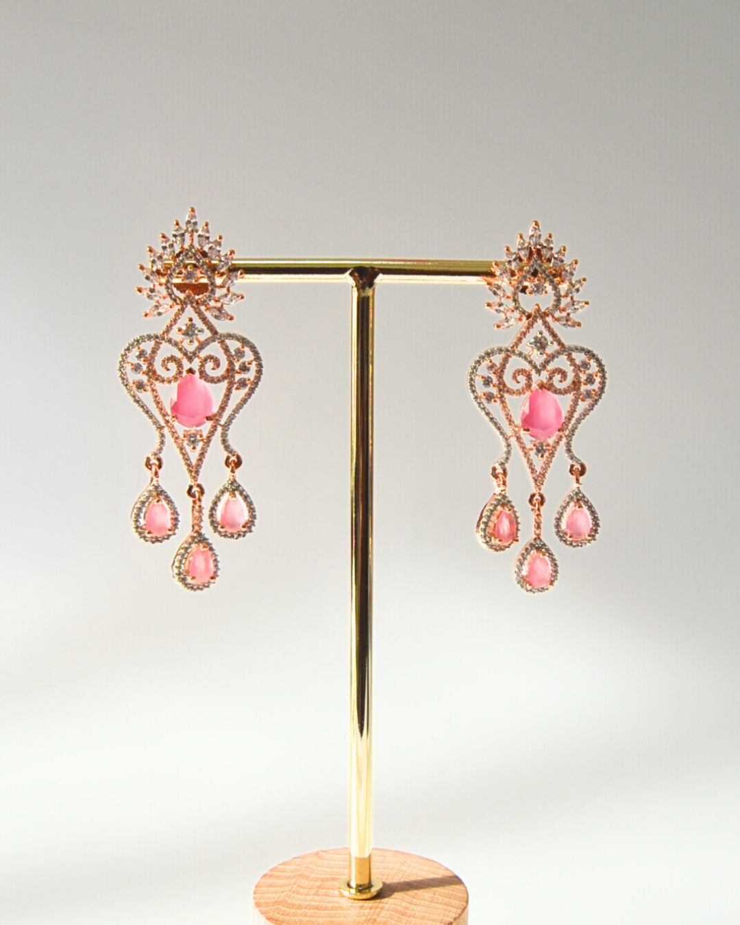 Rose gold pink cubic zirconia chandelier earrings | andaazs
