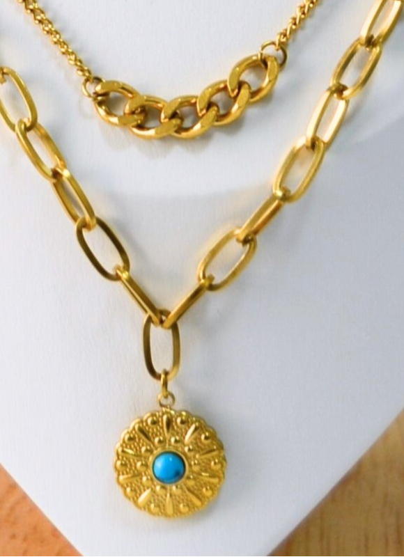 Eclipse Vintage Layered Necklace with Turquoise Coin Pendant