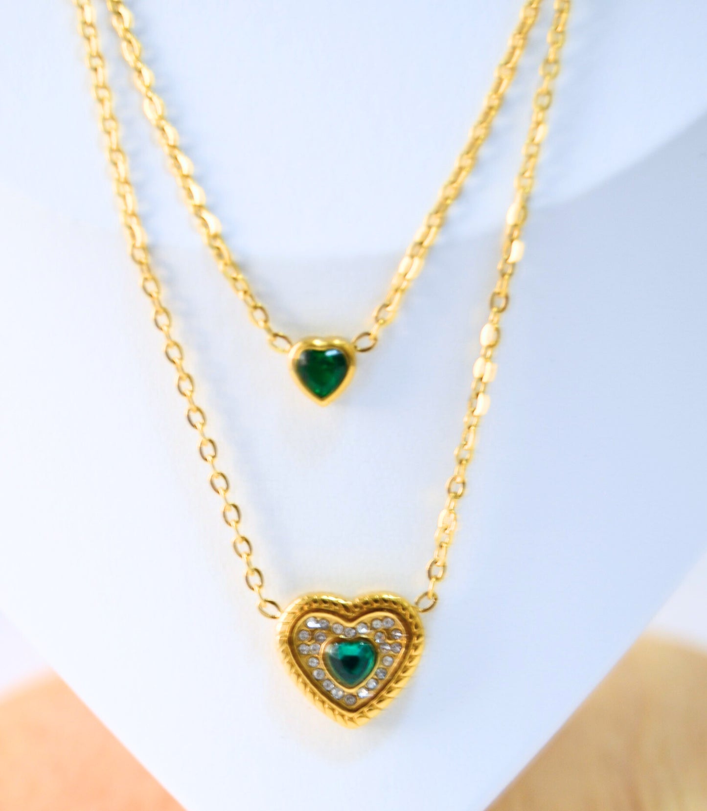 Forever Yours Gold Plated Layered Necklace with Green Heart Pendant