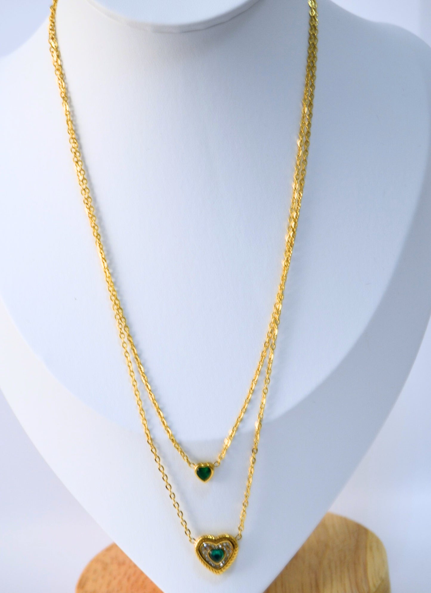 Forever Yours Gold Plated Layered Necklace with Green Heart Pendant