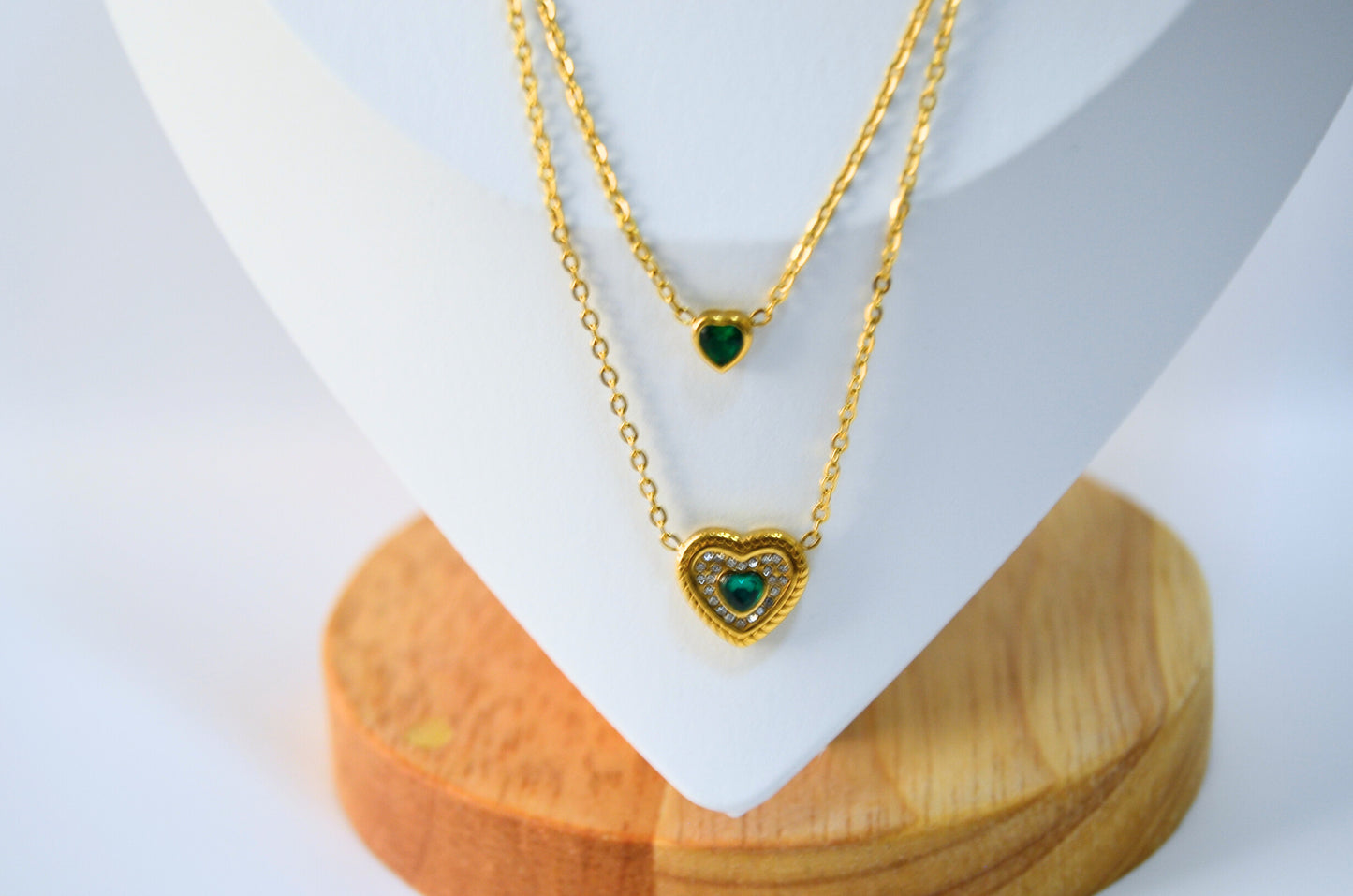 Forever Yours Gold Plated Layered Necklace with Green Heart Pendant