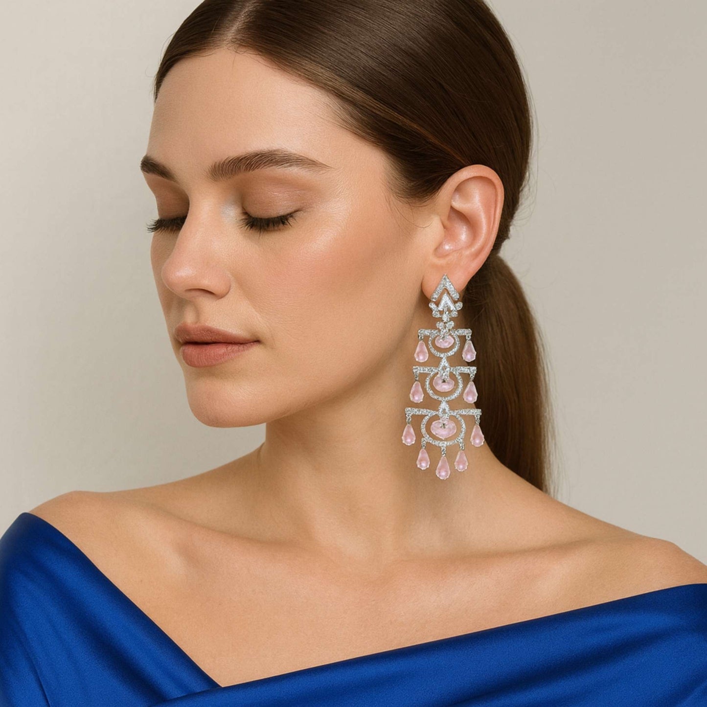 Dewdrop Zirconia Chandelier Earrings Pink