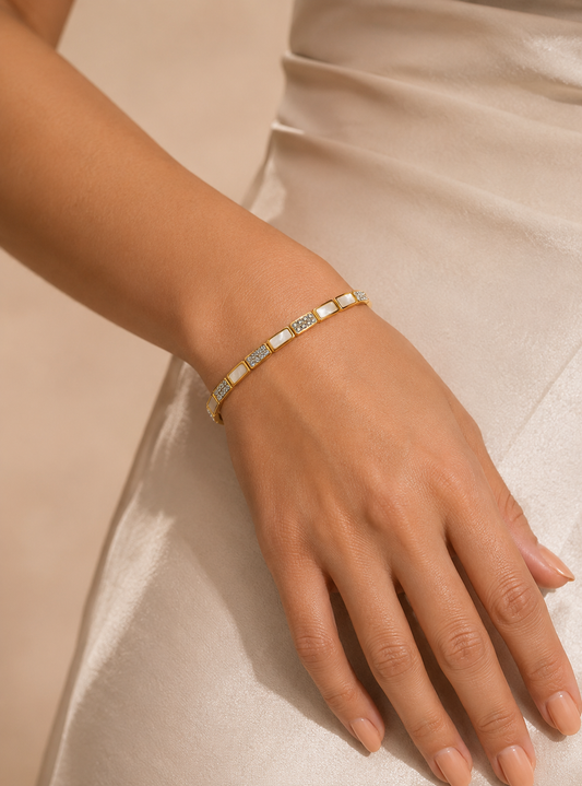 Elegance Gold, Cubic Zirconia & Shell insert Bangle