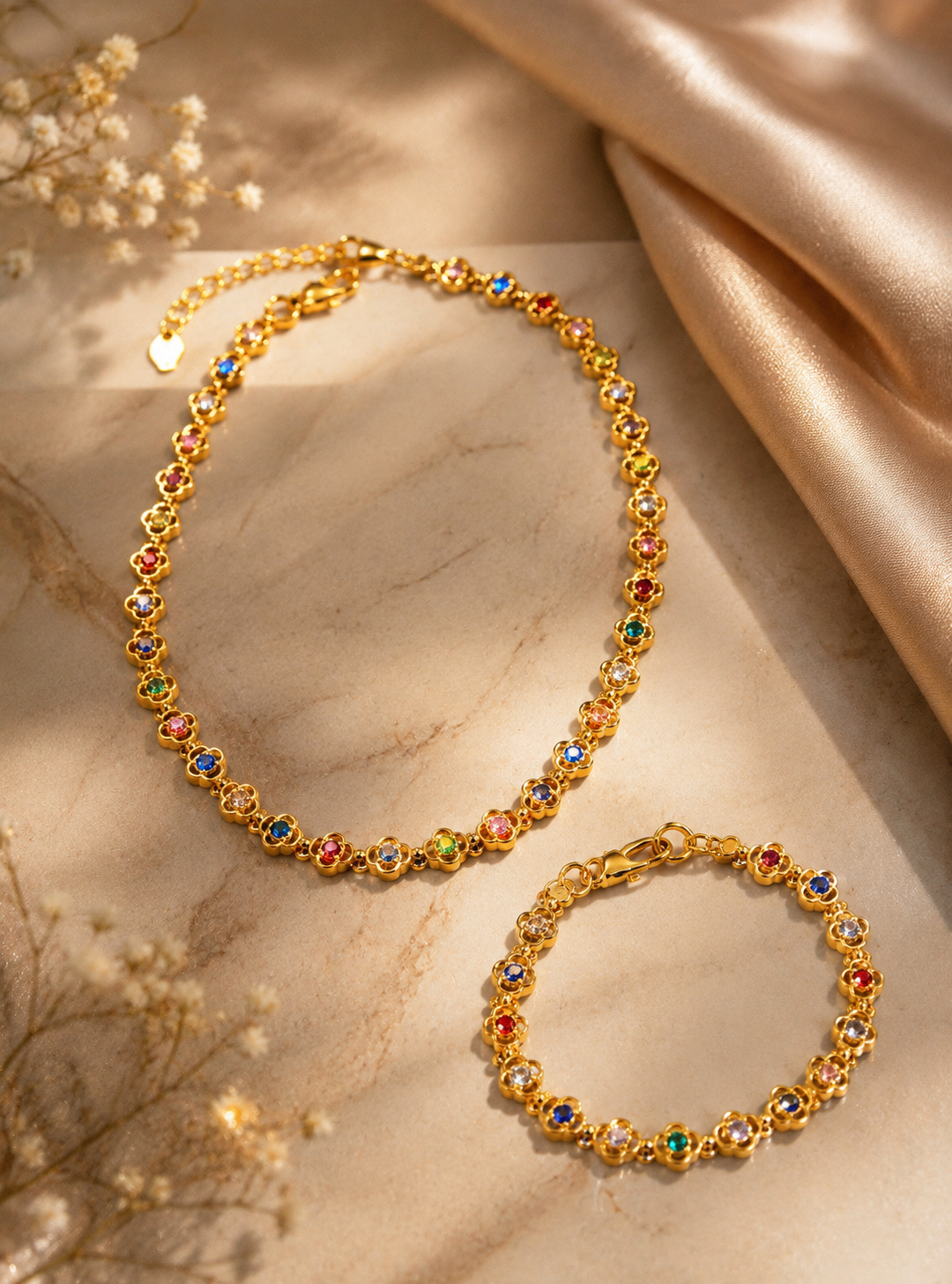 Floral Essence Multicolor Single Layer Choker & Bracelet Set