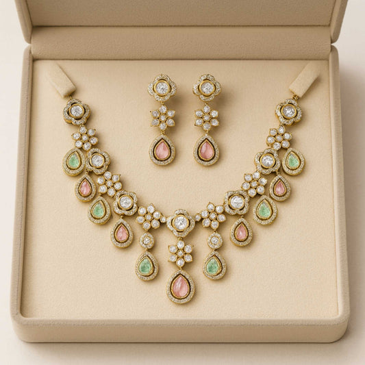 Kavya Kundan Zircona Necklace Set MintPink