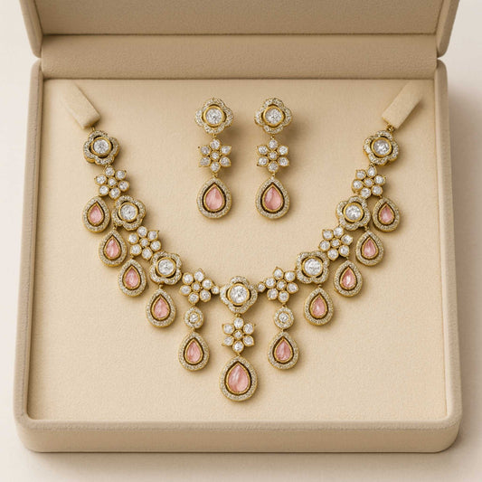 Kavya Kundan Zircona Necklace Set Pink