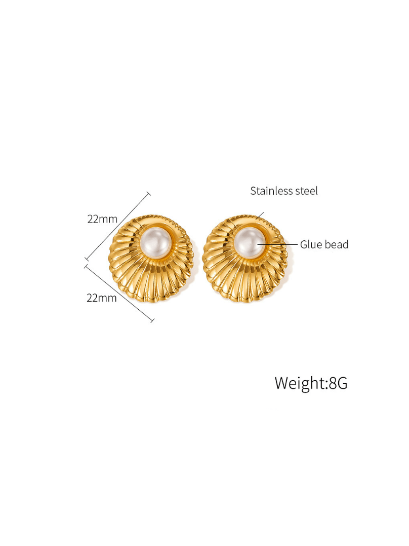 Gold earrings with pearl beads and measurements on a white background