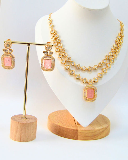 Noira Kundan Zirconia Necklace Set Pink