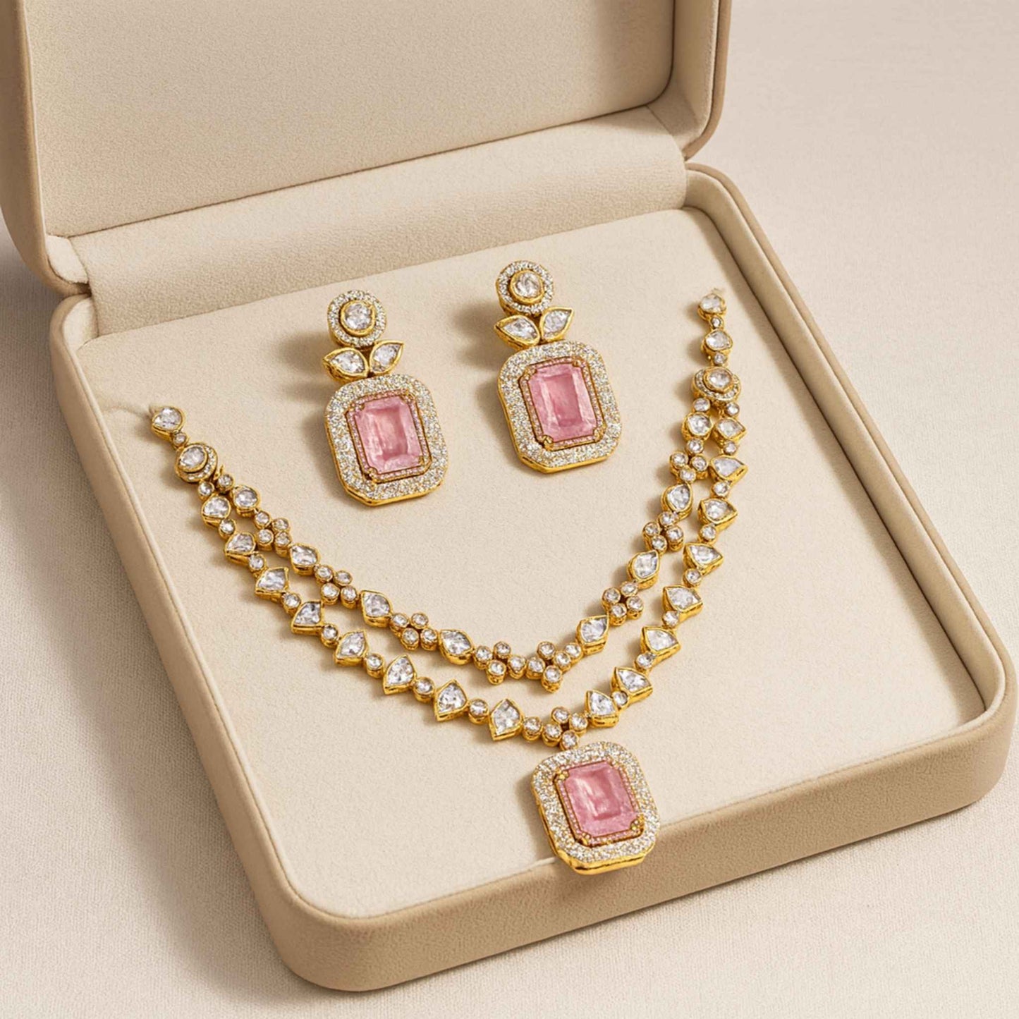 Noira Kundan Zirconia Necklace Set Pink