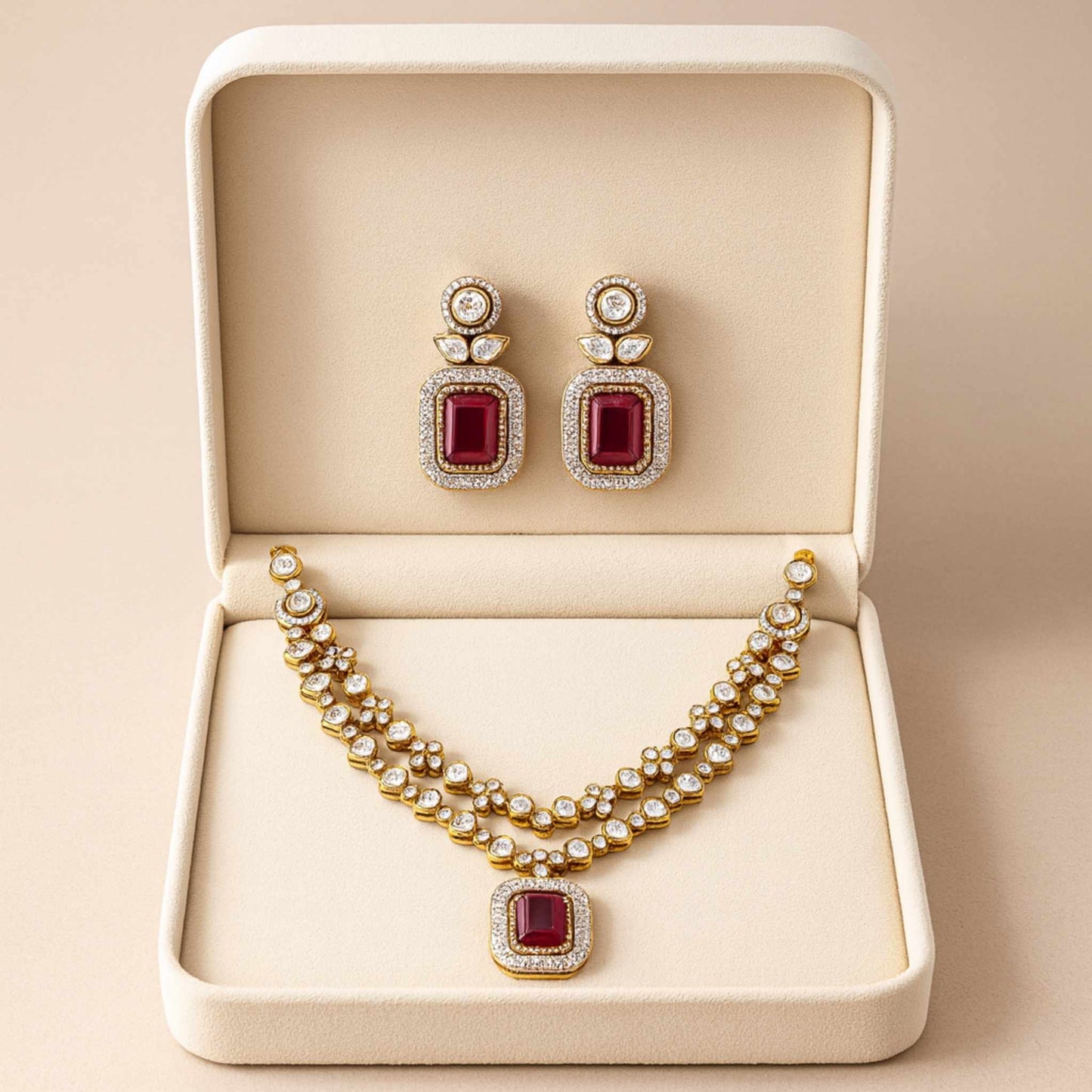 Noira Kundan Zirconia Necklace Set Red