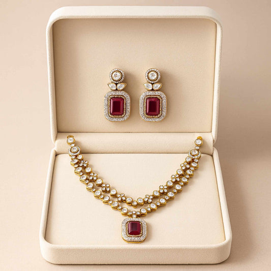 Noira Kundan Zirconia Necklace Set Red