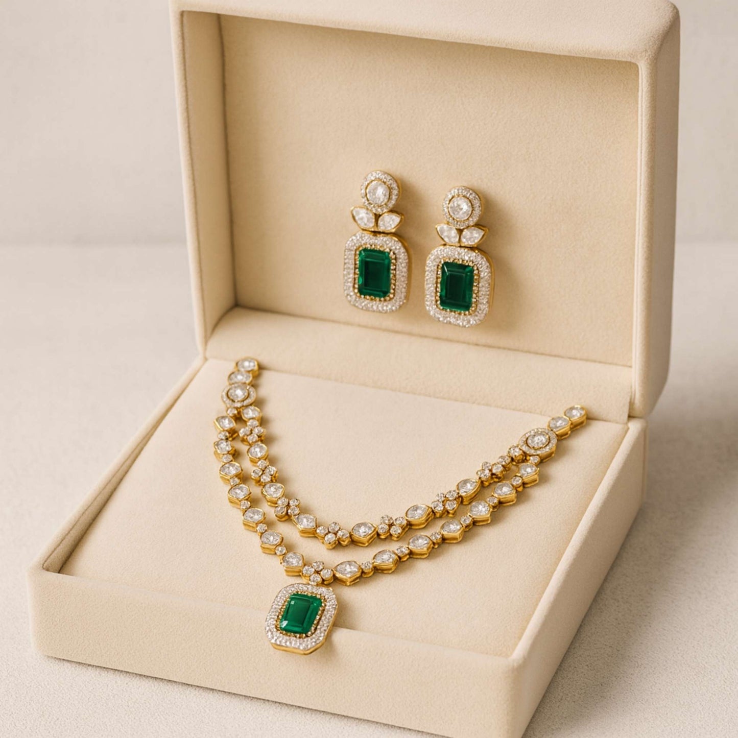 Noira Kundan Zirconia Necklace Set Green