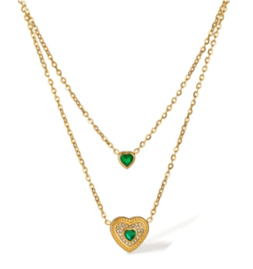 Forever Yours Gold Plated Layered Necklace with Green Heart Pendant