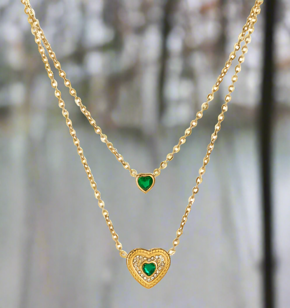 Forever Yours Gold Plated Layered Necklace with Green Heart Pendant