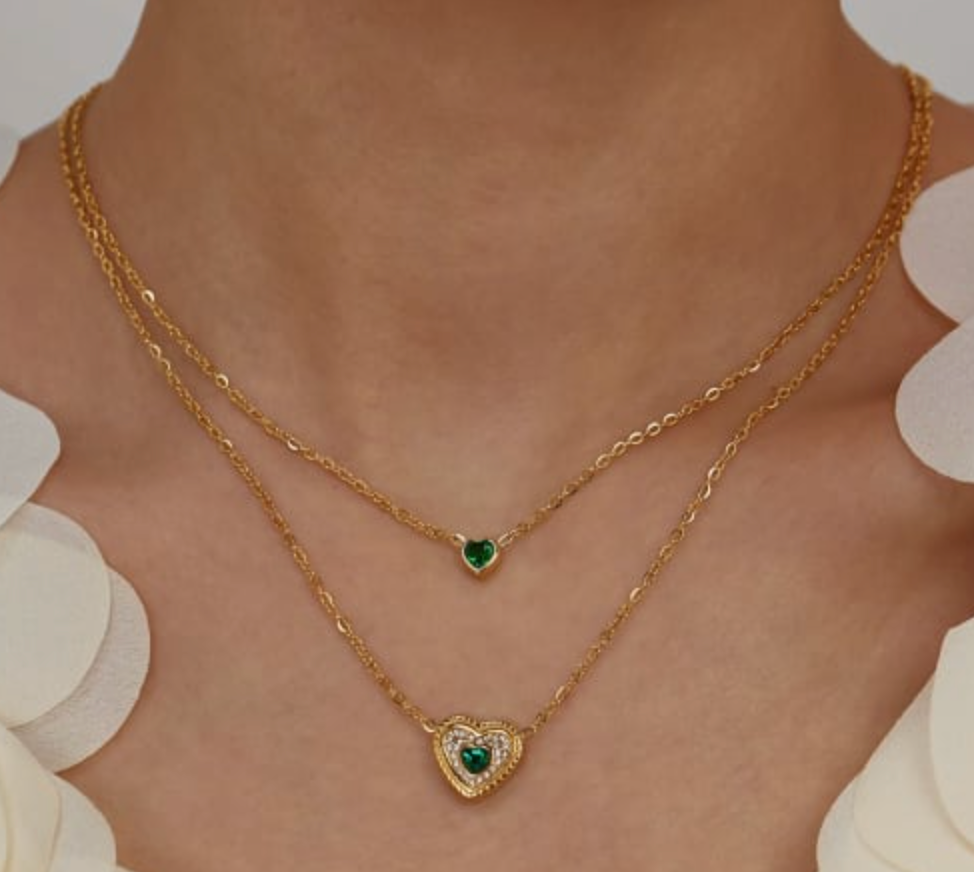 Forever Yours Gold Plated Layered Necklace with Green Heart Pendant