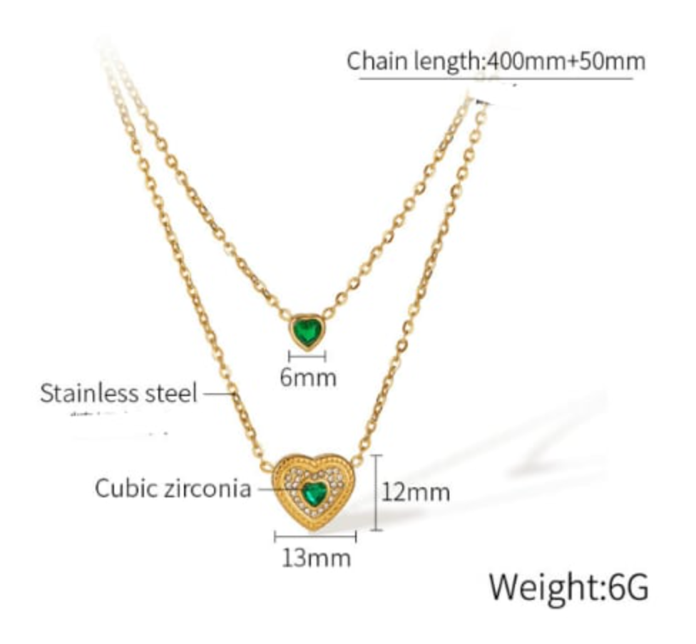 Forever Yours Gold Plated Layered Necklace with Green Heart Pendant