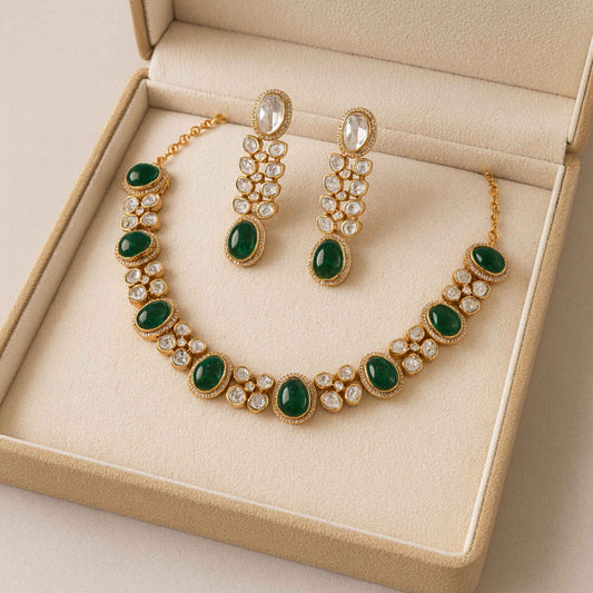 Gulnar Kundan Zirconia Necklace Set Green