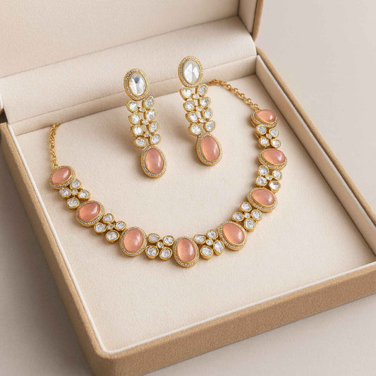 Gulnar Kundan Zirconia Necklace Set Pink
