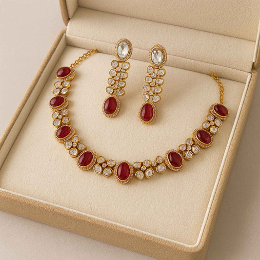 Gulnar Kundan Zirconia Necklace Set Red